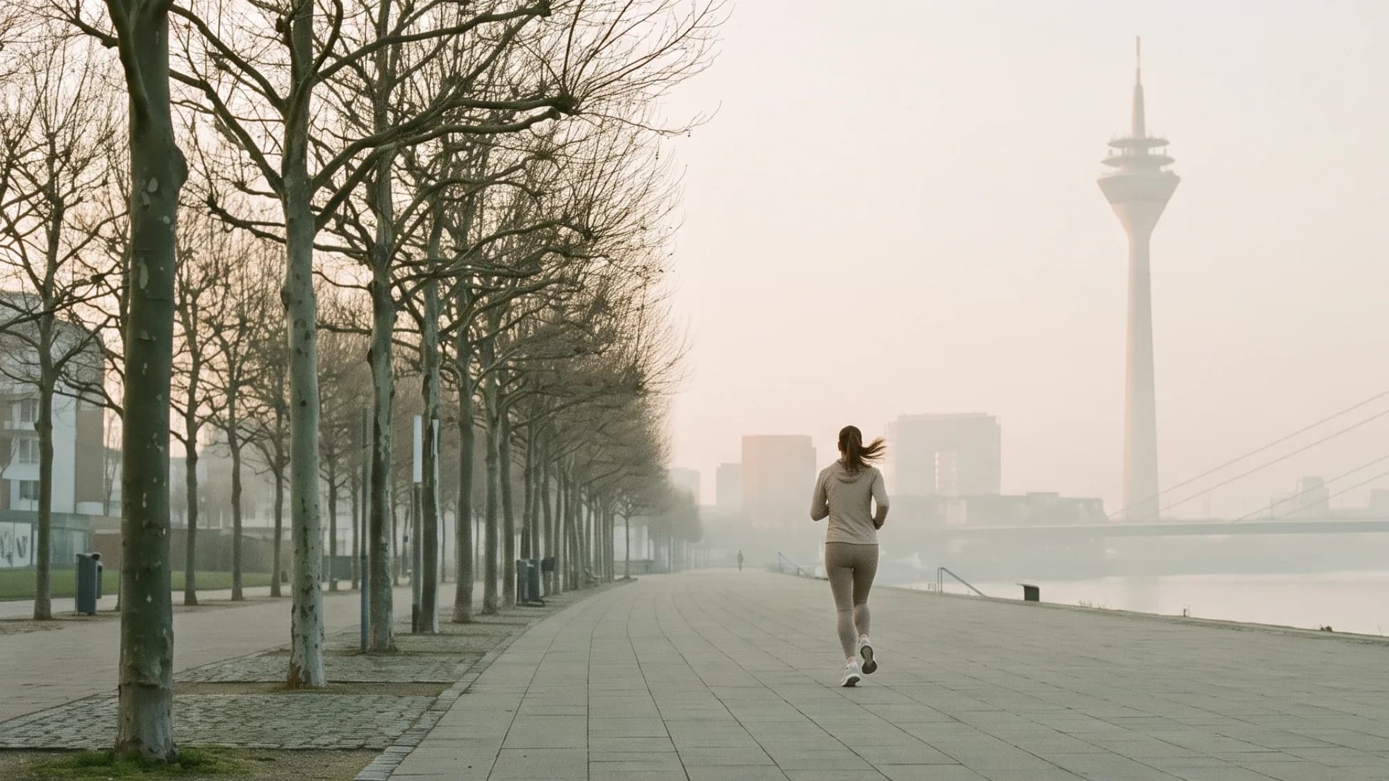 Läuferin auf der Rheinuferpromenade in Düsseldorf, im Hintergrund Rheinturm und Rheinkniebrücke im Morgenlicht